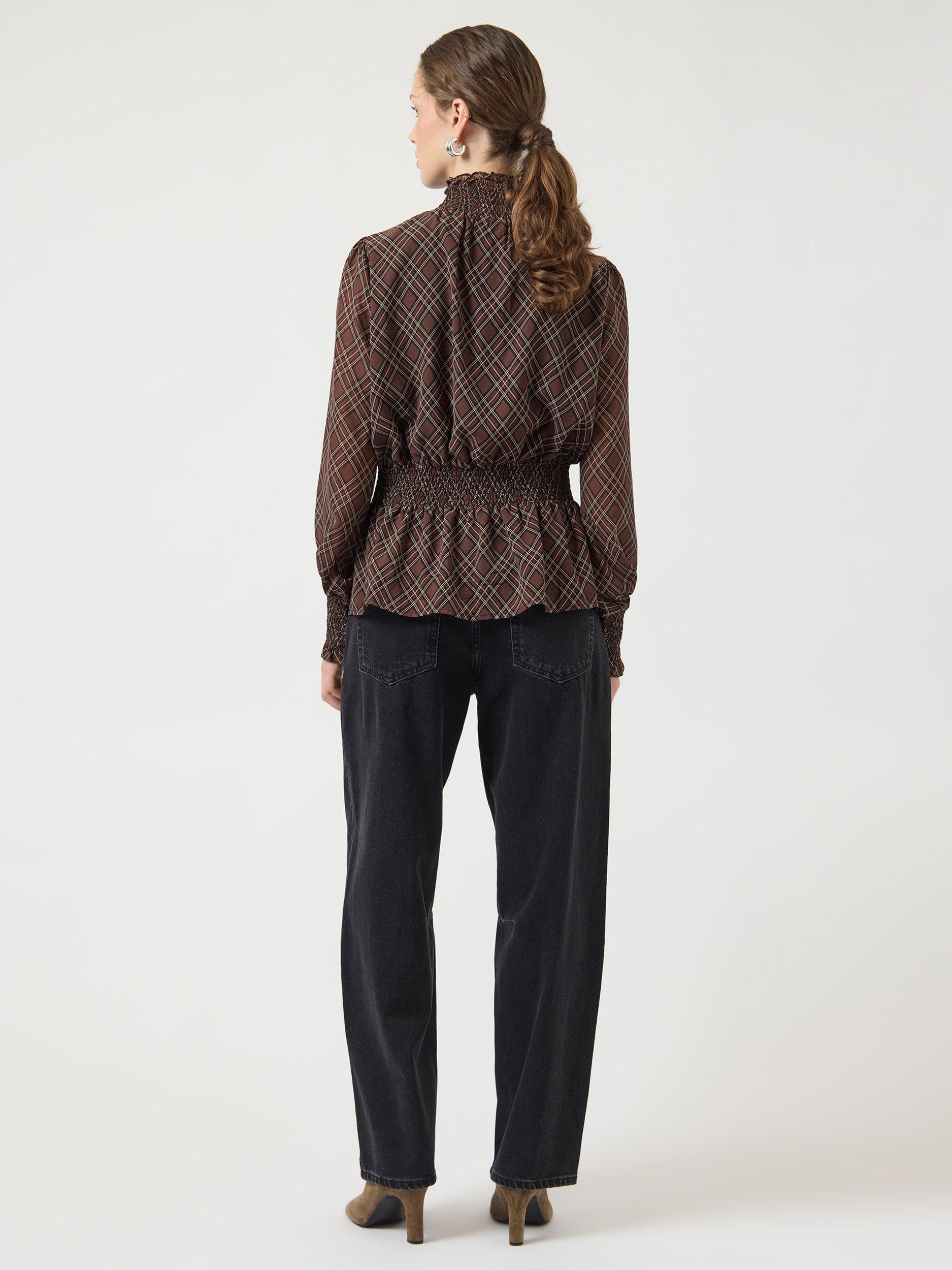 Product image 3 of 6, which shows YAS Ruched Waist Check Print High Neck Blouse , Brown Multi, 6