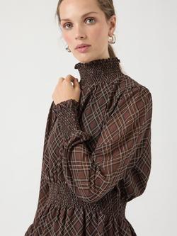 YAS Ruched Waist Check Print High Neck Blouse - view 2, Brown Multi