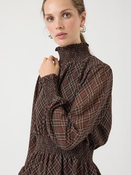 YAS Ruched Waist Check Print High Neck Blouse - view 2, Brown Multi
