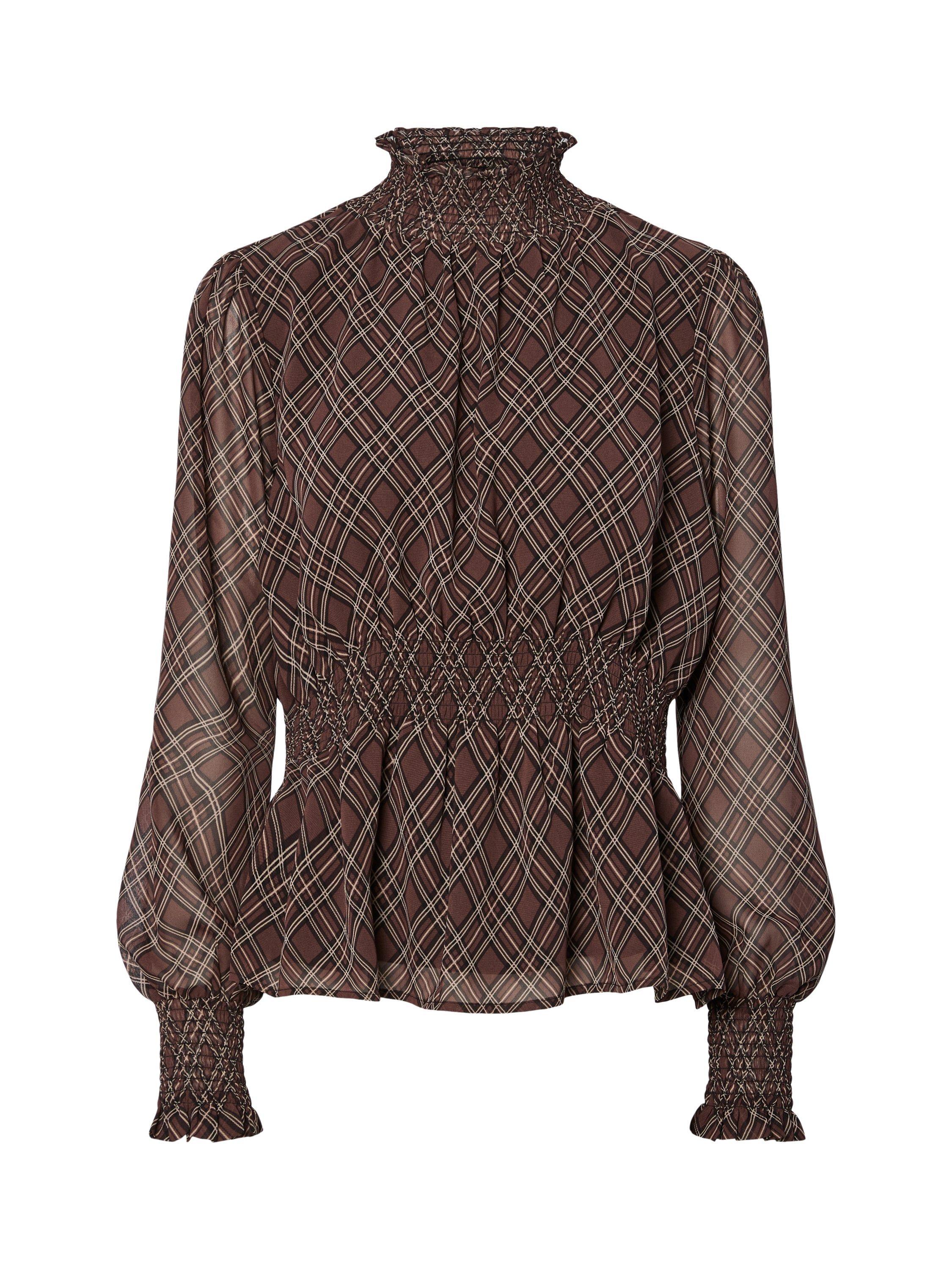 Product image 5 of 6, which shows YAS Ruched Waist Check Print High Neck Blouse , Brown Multi, 6