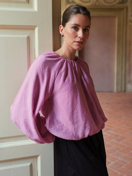 YAS Vallo Crew Neck Balloon Sleeve Blouse, Pink