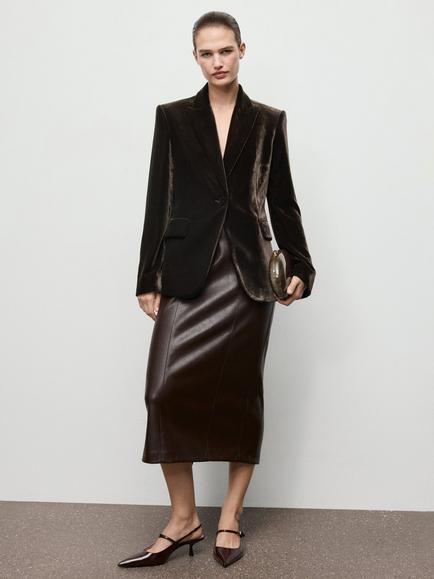 Mango Combi Velvet Blazer, Dark Brown - view 2, Dark Brown