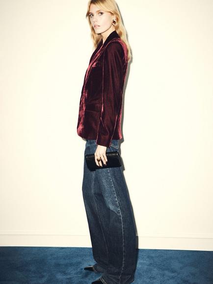 Mango Combi Velvet Blazer, Dark Red - view 2, Dark Red