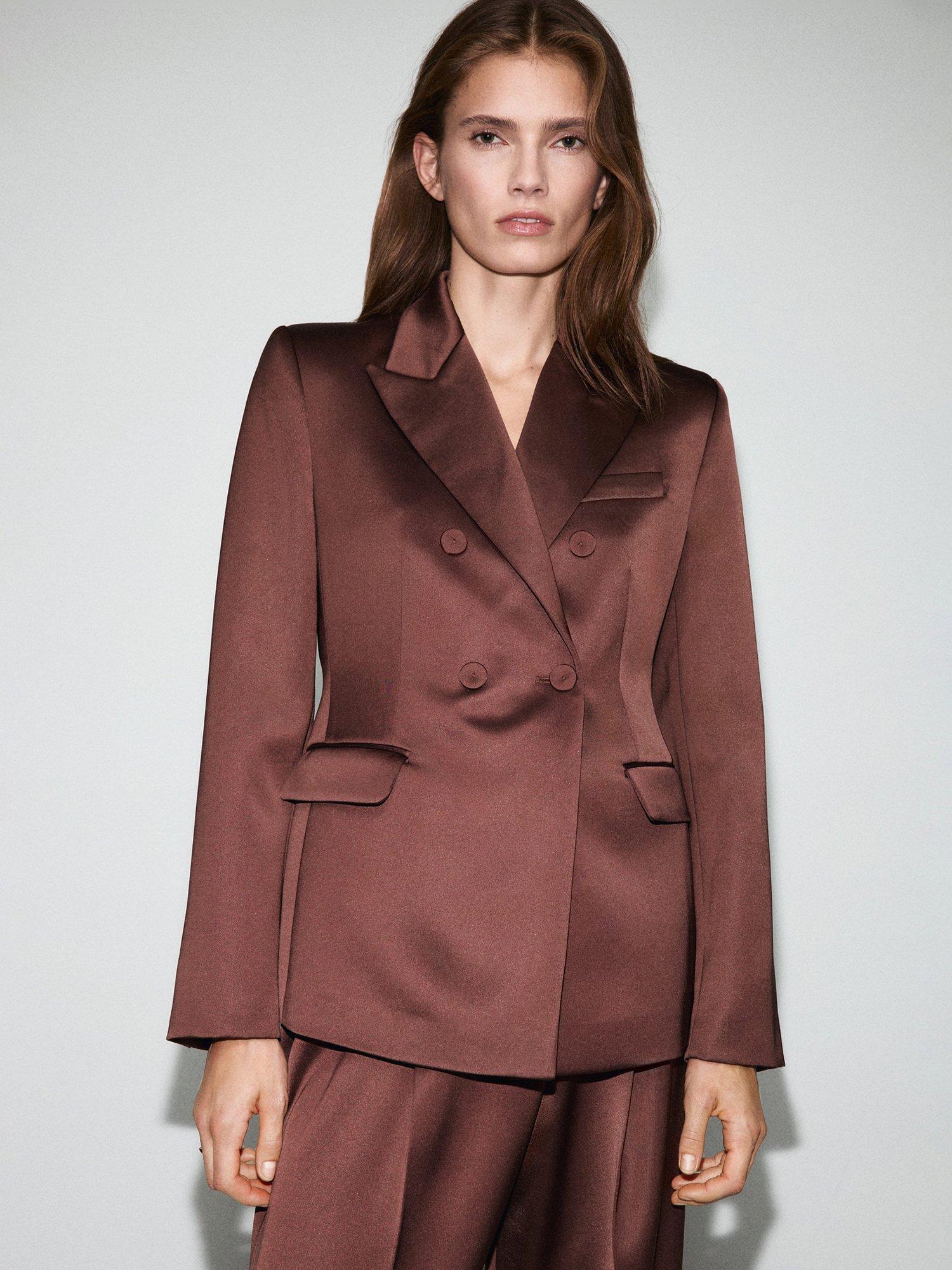 Product image 1 of 7, which shows Mango Gilda Satin Double-Breasted Blazer, Brown, L