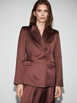 Mango Gilda Satin Double-Breasted Blazer, Brown, Brown