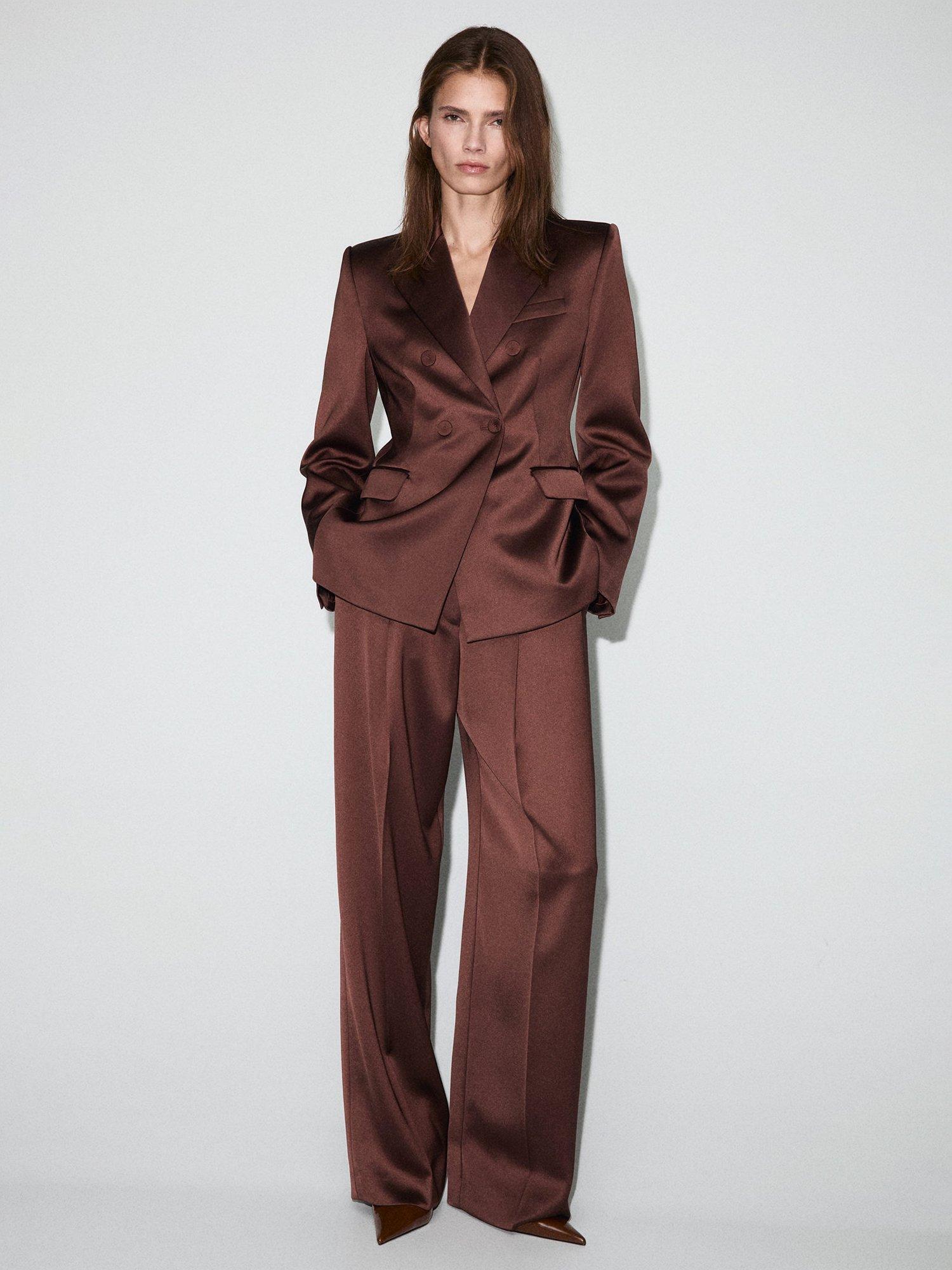 Product image 2 of 7, which shows Mango Gilda Satin Double-Breasted Blazer, Brown, L