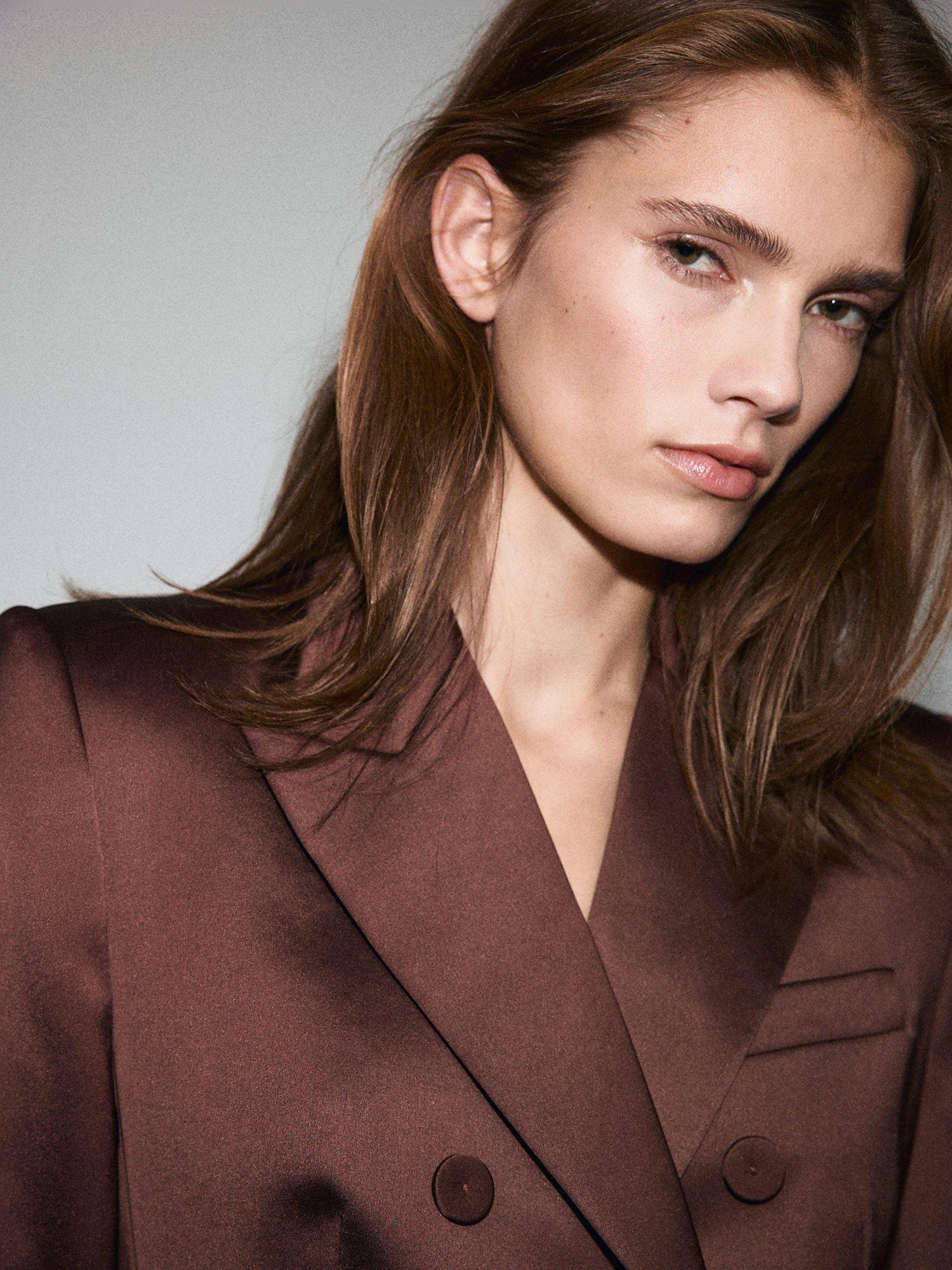 Product image 6 of 7, which shows Mango Gilda Satin Double-Breasted Blazer, Brown, L