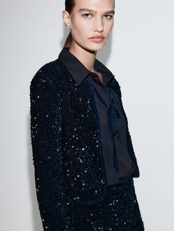 Mango Velvet Jacket with Sequins & Bow, Navy, Navy