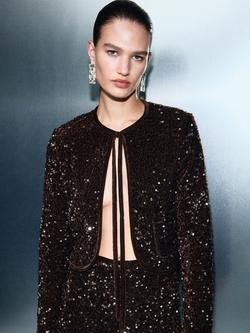 Mango Velvet Jacket with Sequins & Bow, Dark Brown, Dark Brown