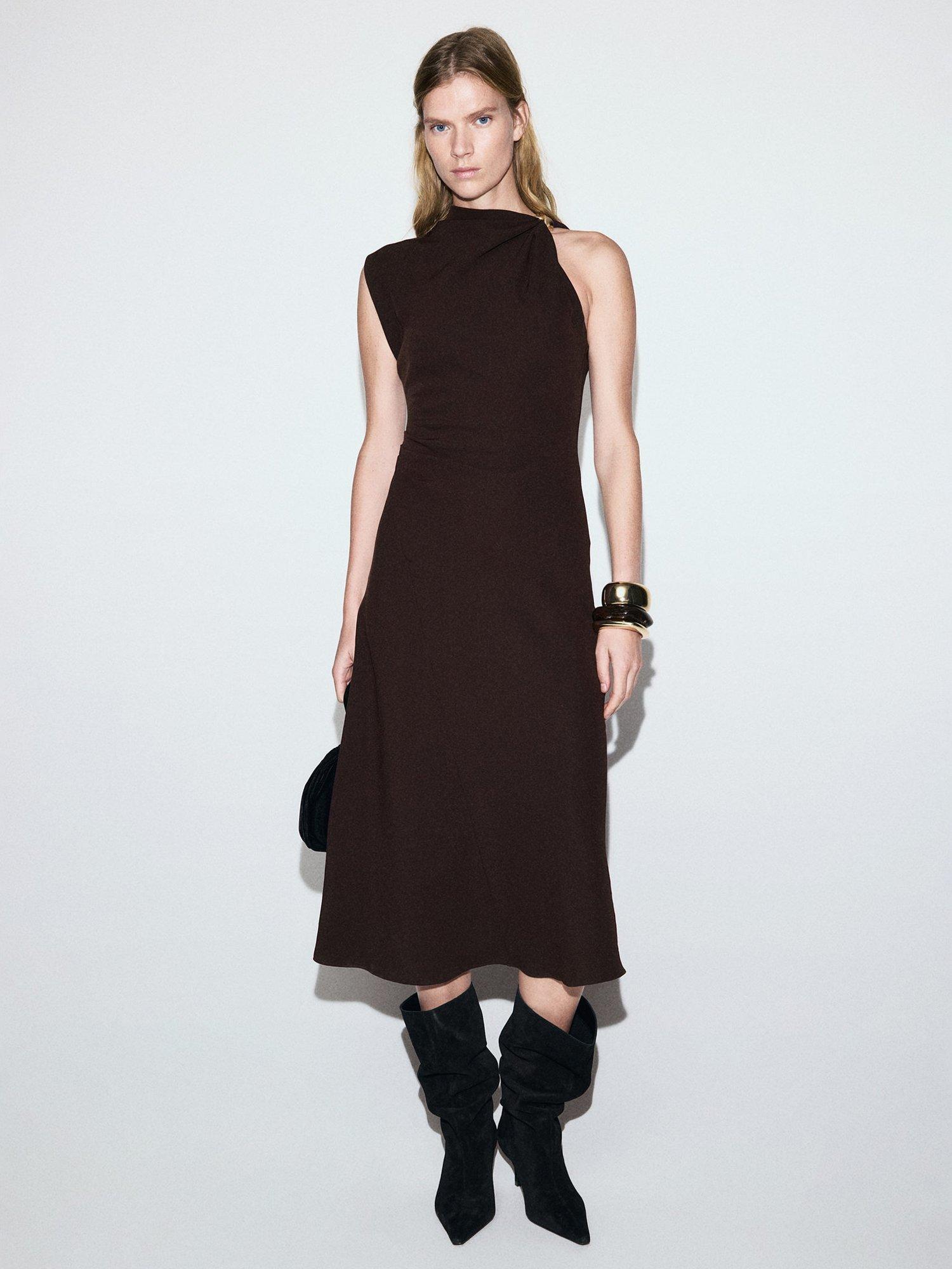 Product image 2 of 11, which shows Mango Joia A-Line Asymmetric Neck Midi Dress, Brown, 10