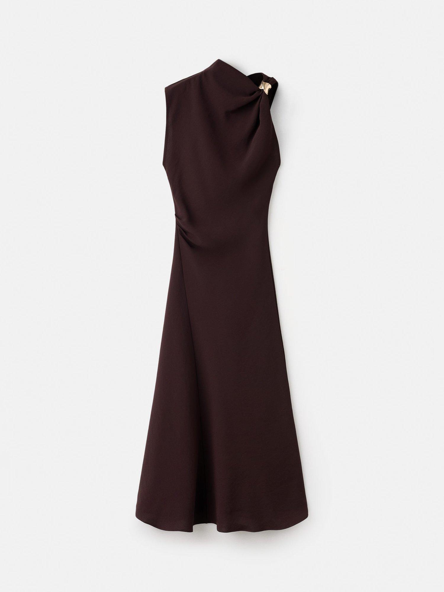 Product image 3 of 11, which shows Mango Joia A-Line Asymmetric Neck Midi Dress, Brown, 10