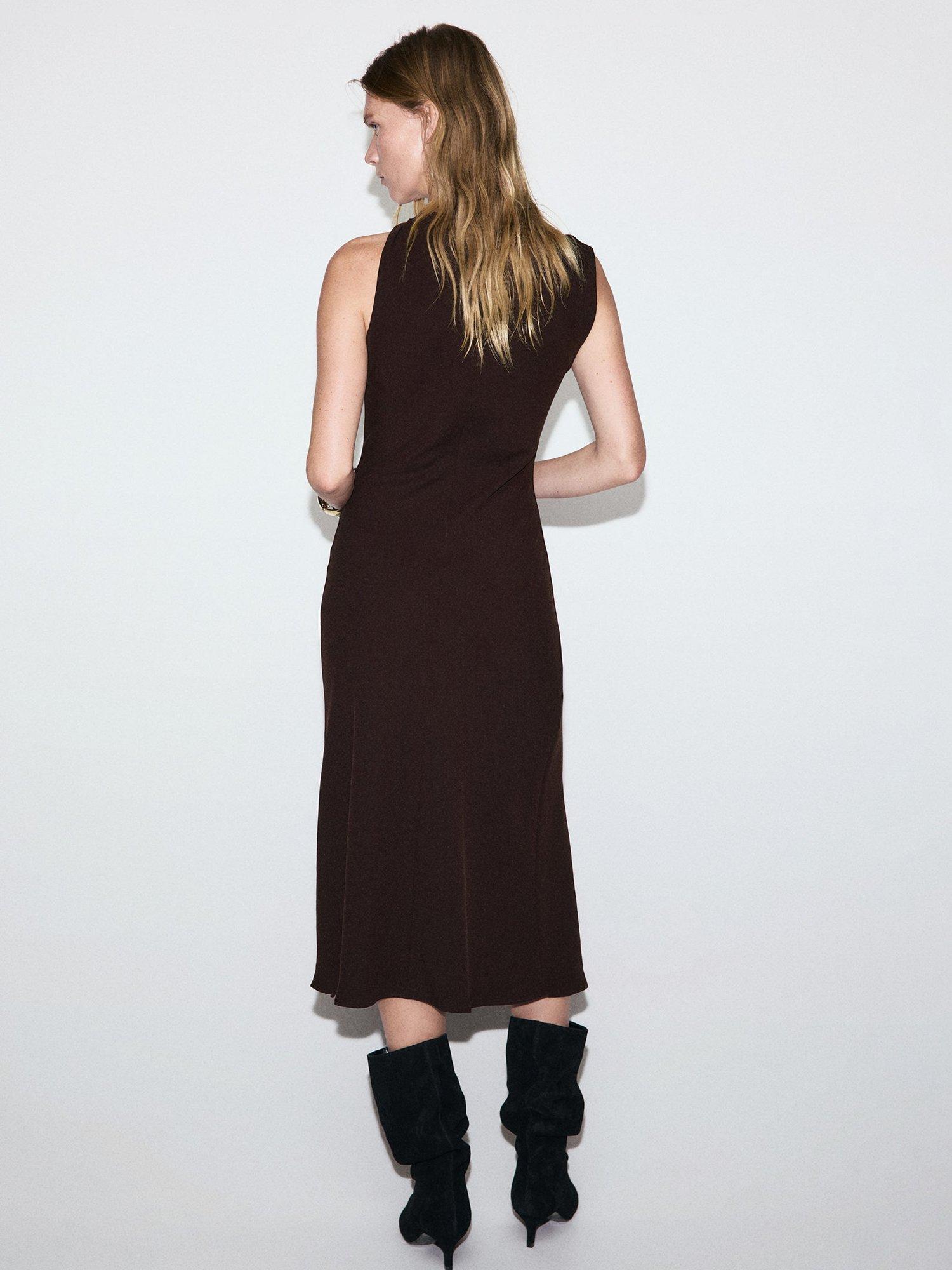 Product image 4 of 11, which shows Mango Joia A-Line Asymmetric Neck Midi Dress, Brown, 10