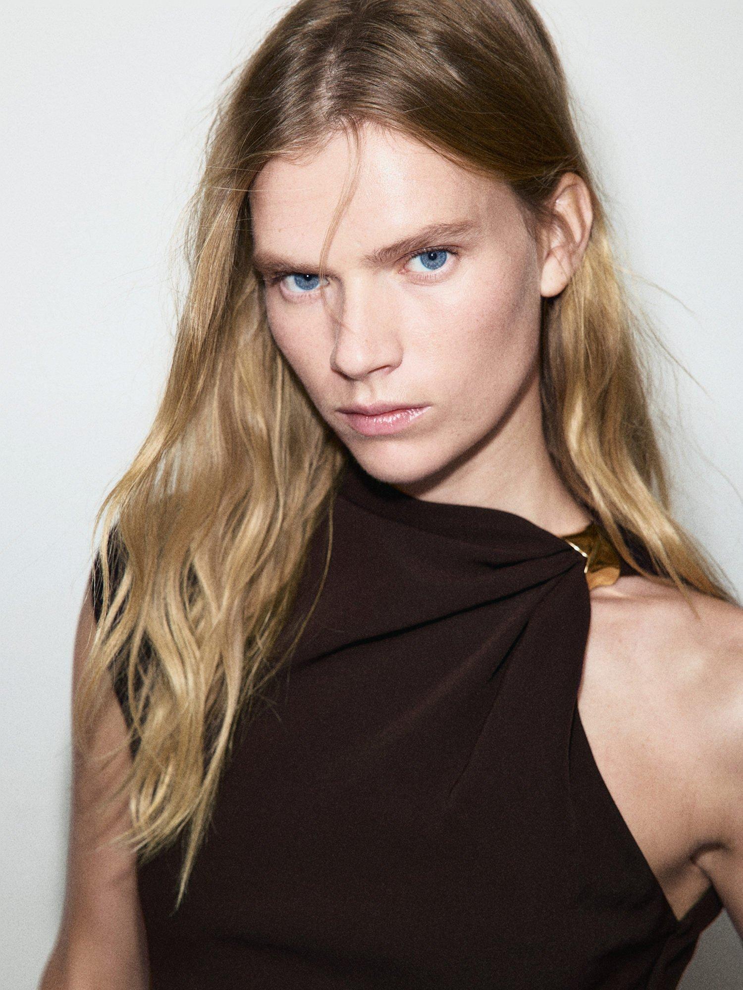 Product image 6 of 11, which shows Mango Joia A-Line Asymmetric Neck Midi Dress, Brown, 10