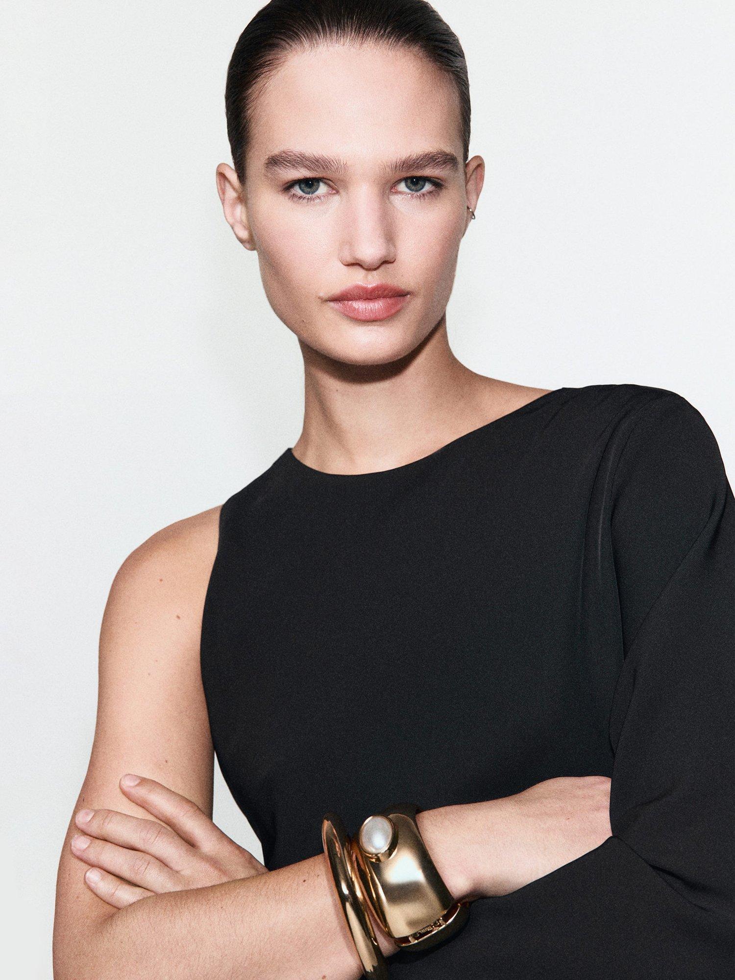 Product image 6 of 7, which shows Mango Stoop Asymmetric Sleeve Dress, Black, 10