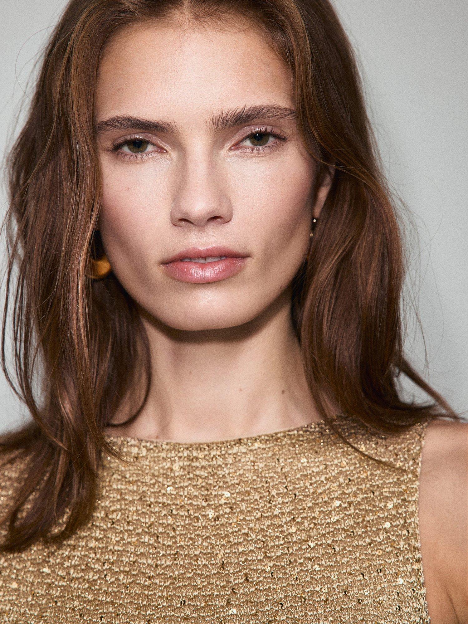 Product image 6 of 7, which shows Mango Sparkle Fine Knit Dress, Gold, 10