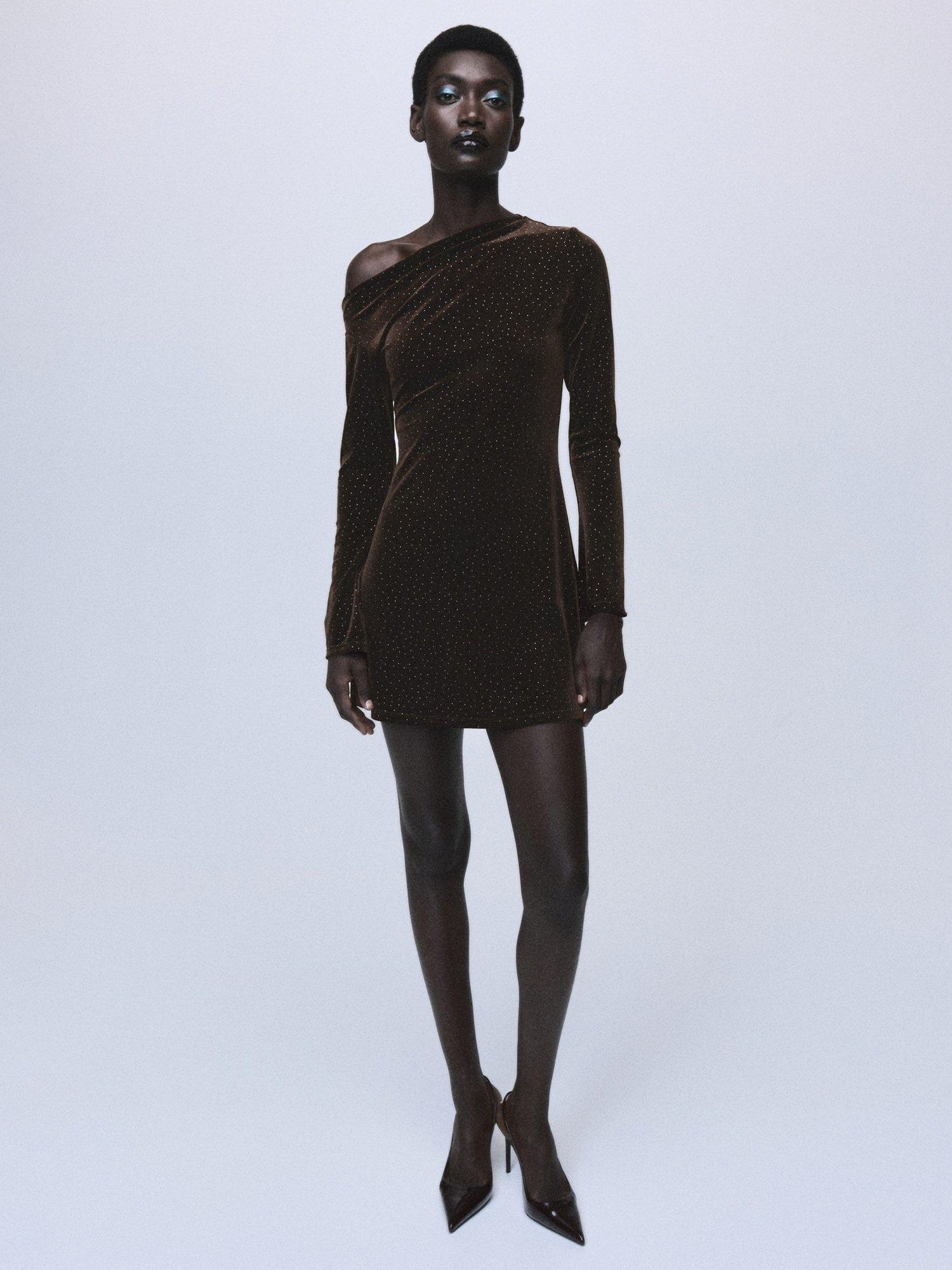 Product image 2 of 7, which shows Mango Asymmetric Neck Velvet Sparkle Mini Dress, Brown, 10