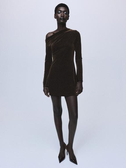 Mango Asymmetric Neck Velvet Sparkle Mini Dress, Brown - view 2, Brown