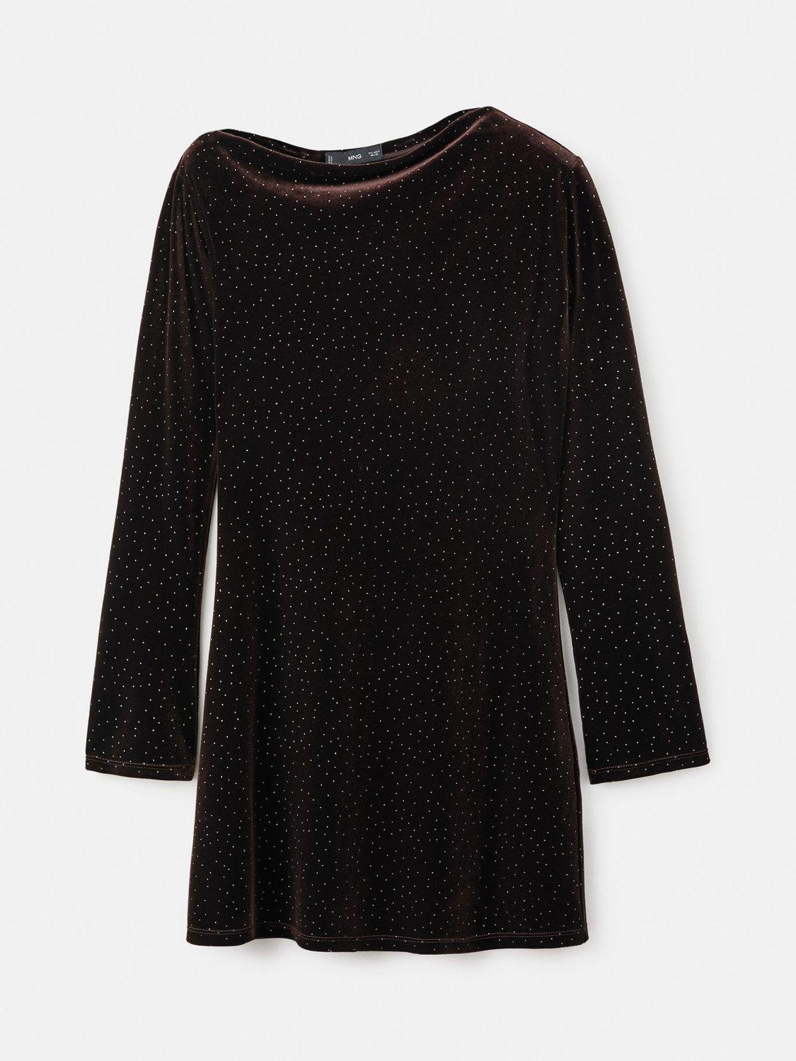 Product image 3 of 7, which shows Mango Asymmetric Neck Velvet Sparkle Mini Dress, Brown, 10