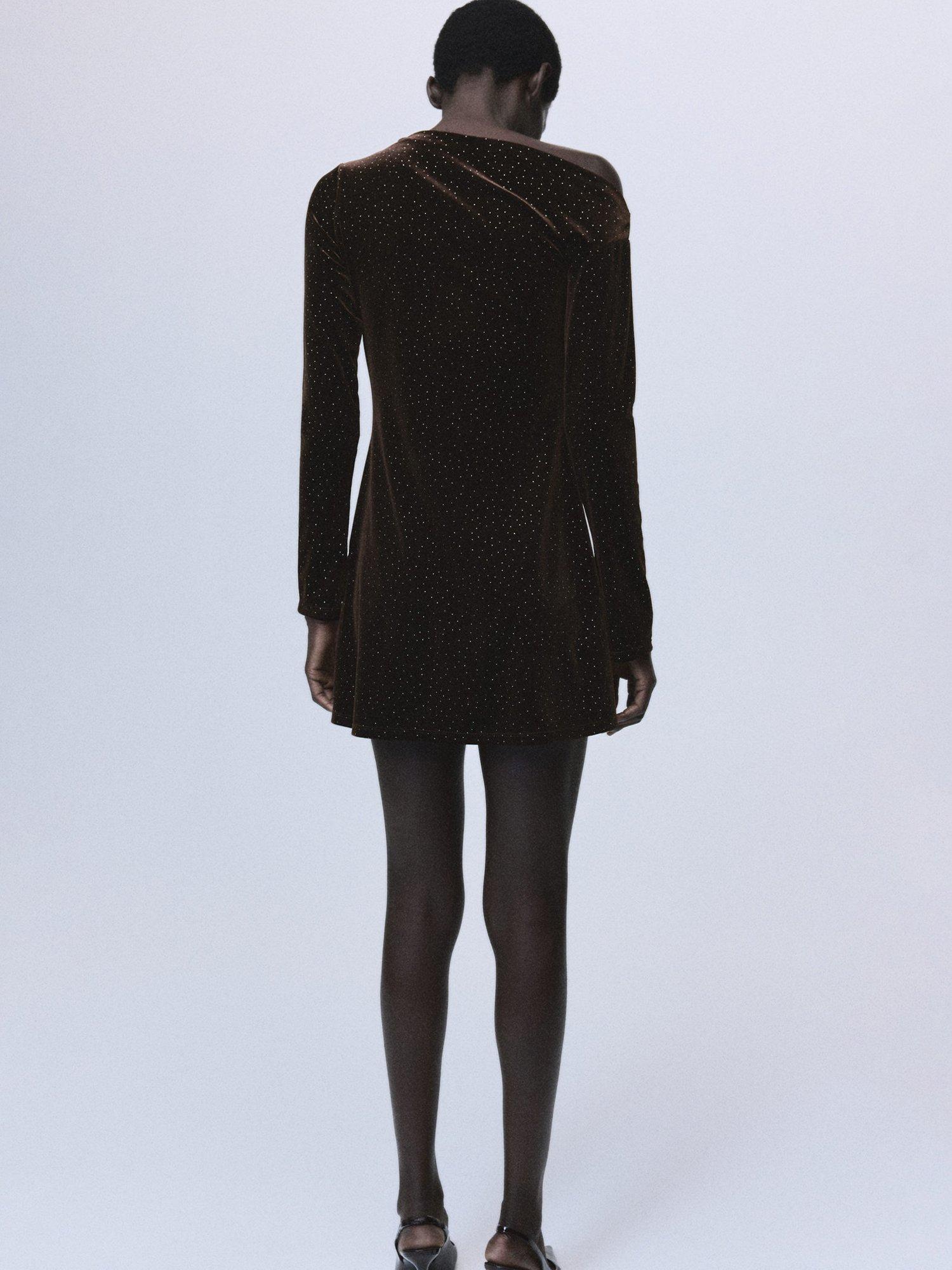 Product image 4 of 7, which shows Mango Asymmetric Neck Velvet Sparkle Mini Dress, Brown, 10