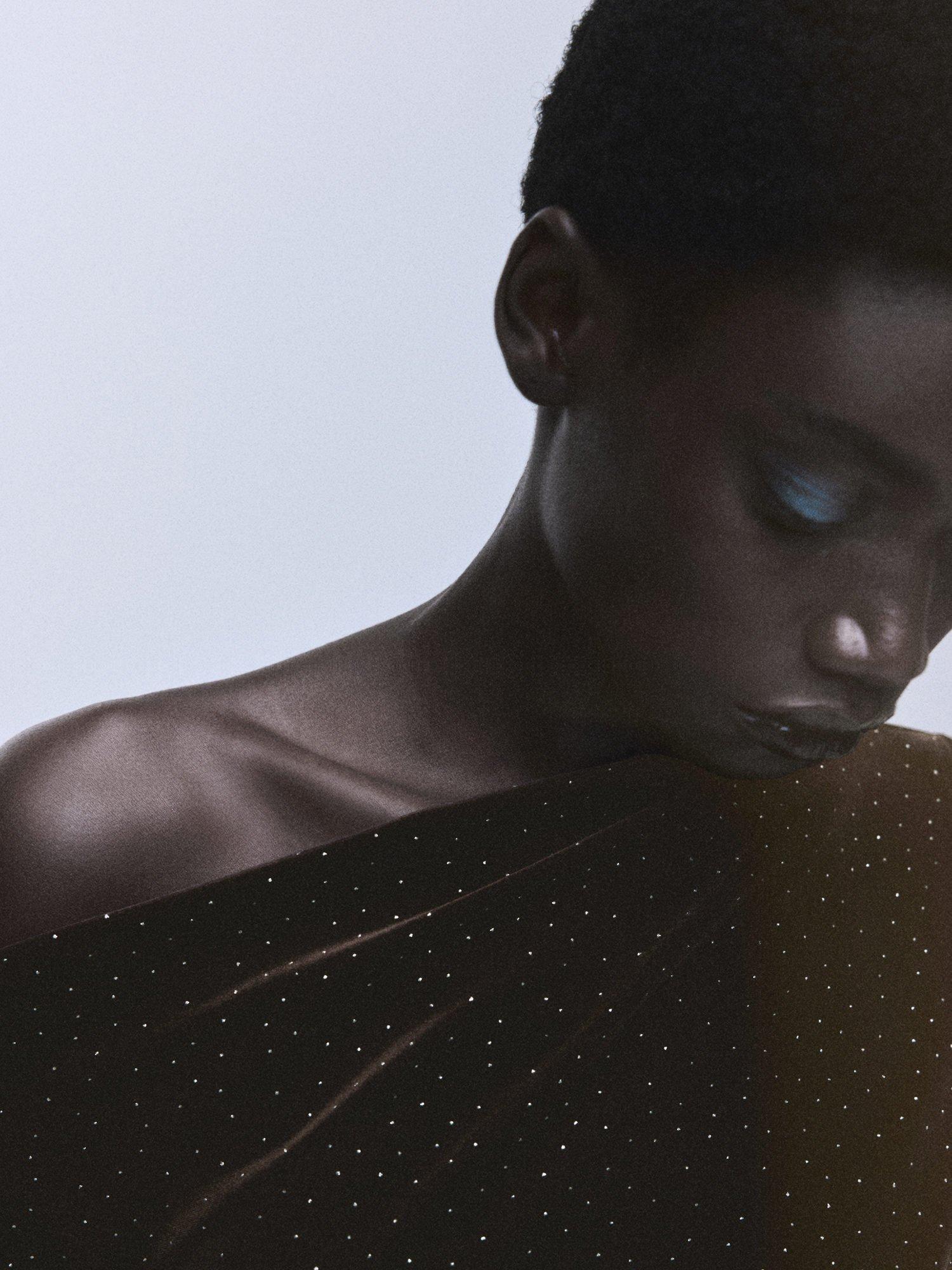 Product image 6 of 7, which shows Mango Asymmetric Neck Velvet Sparkle Mini Dress, Brown, 10