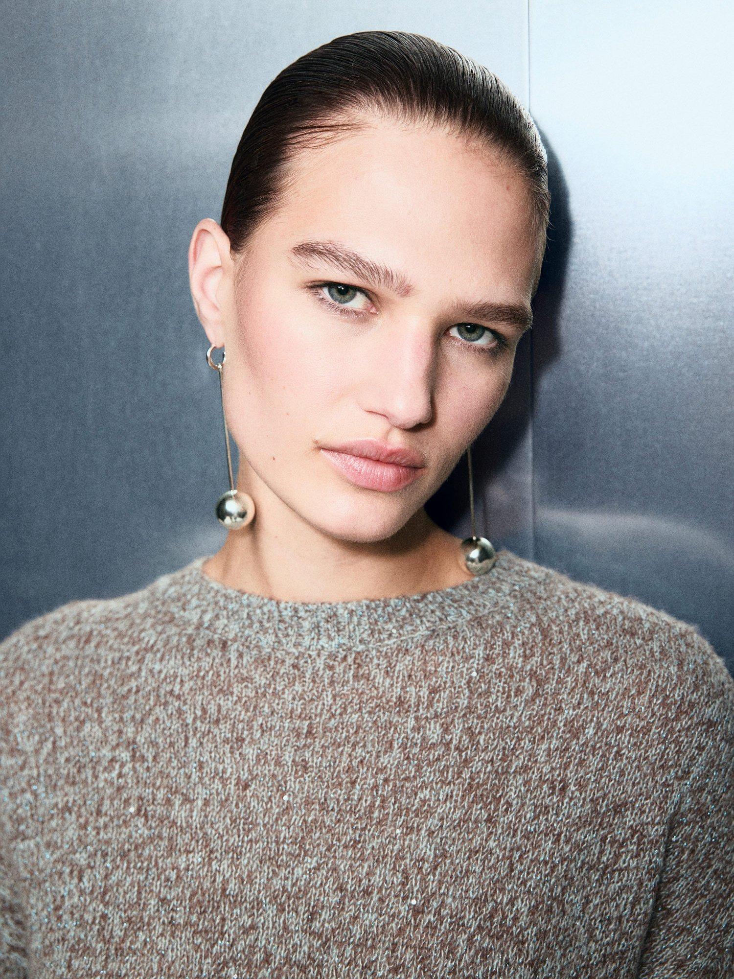 Product image 6 of 8, which shows Mango Speckled Lurex Knitted Wool Blend Sweater, Pastel Blue, XL