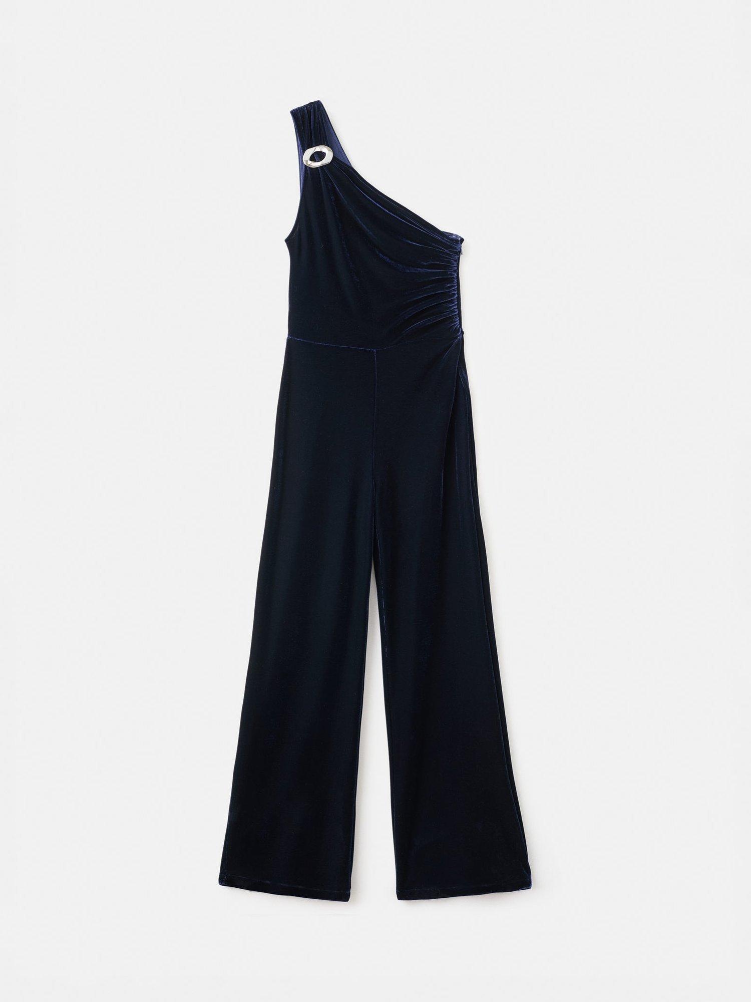 Product image 3 of 7, which shows Mango Melo Velvet Asymmetric Neckline Jumpsuit , Navy, L