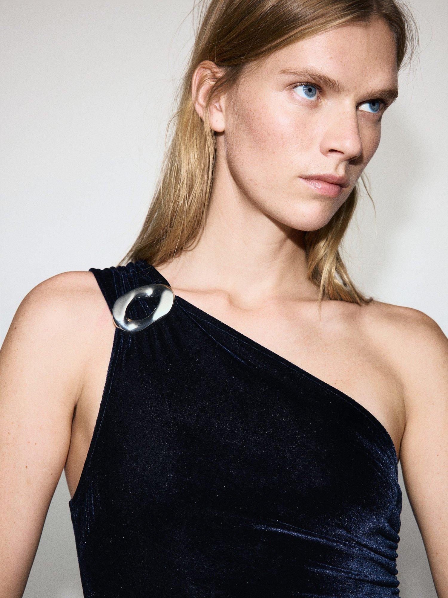 Product image 6 of 7, which shows Mango Melo Velvet Asymmetric Neckline Jumpsuit , Navy, L