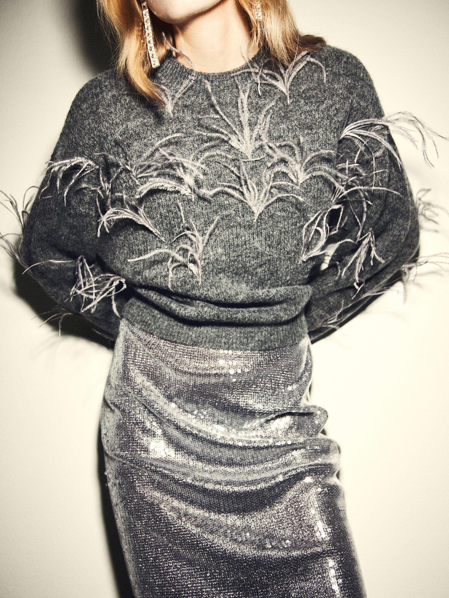 Product image 1 of 7, which shows Mango Round Neck Feather Jersey Jumper , Grey, L