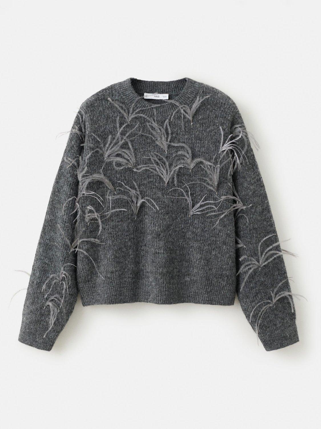 Product image 3 of 7, which shows Mango Round Neck Feather Jersey Jumper , Grey, L