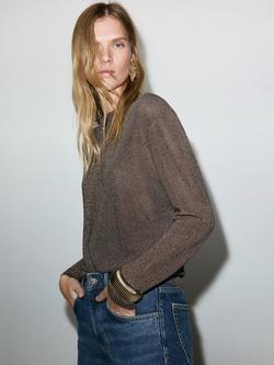 Mango Klong Sparkle Fine Knit Jumper - view 2, Dark Brown