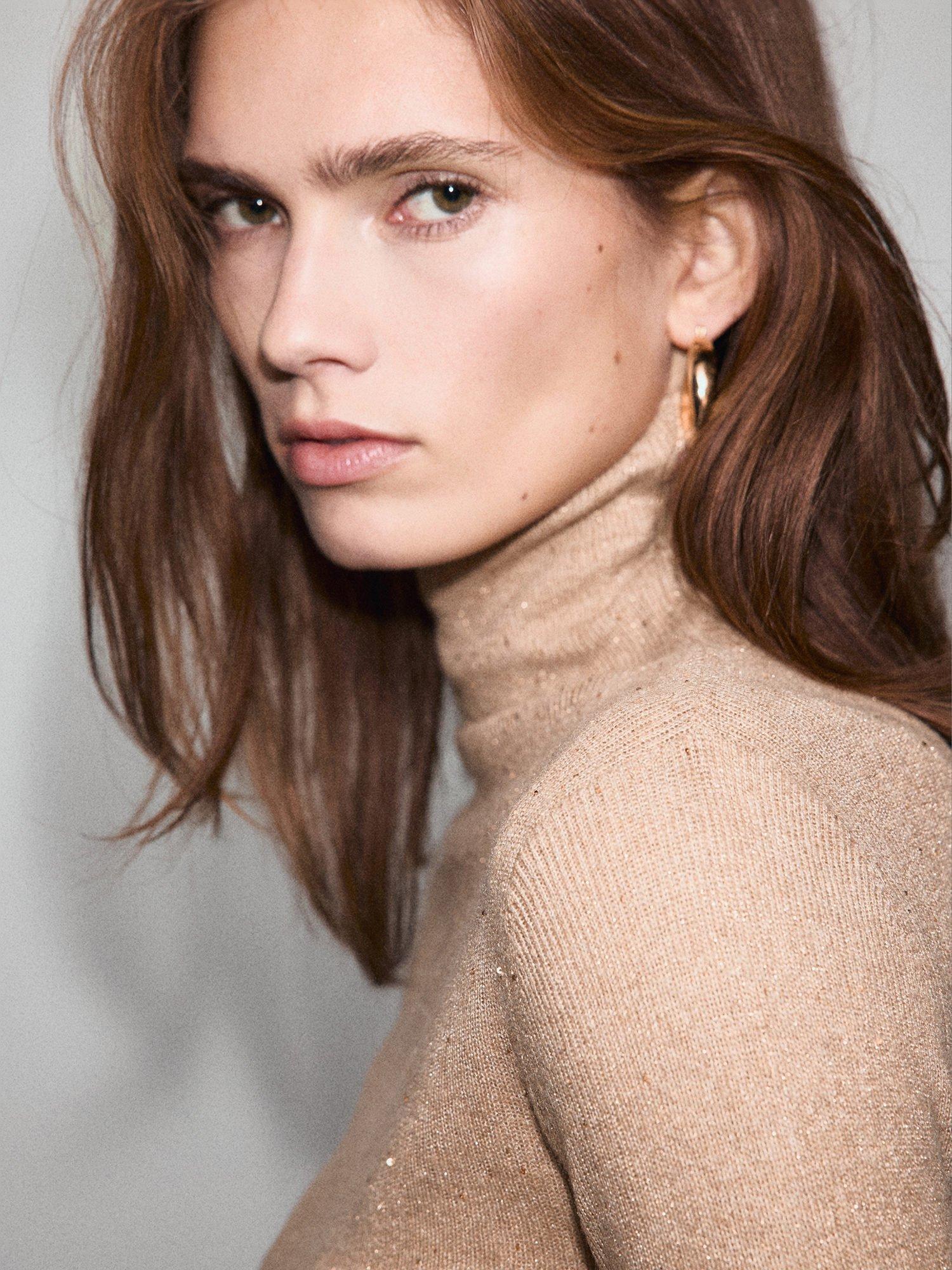 Product image 6 of 8, which shows Mango Recatada Sparkle High Neck Jumper, Medium Brown, XXS