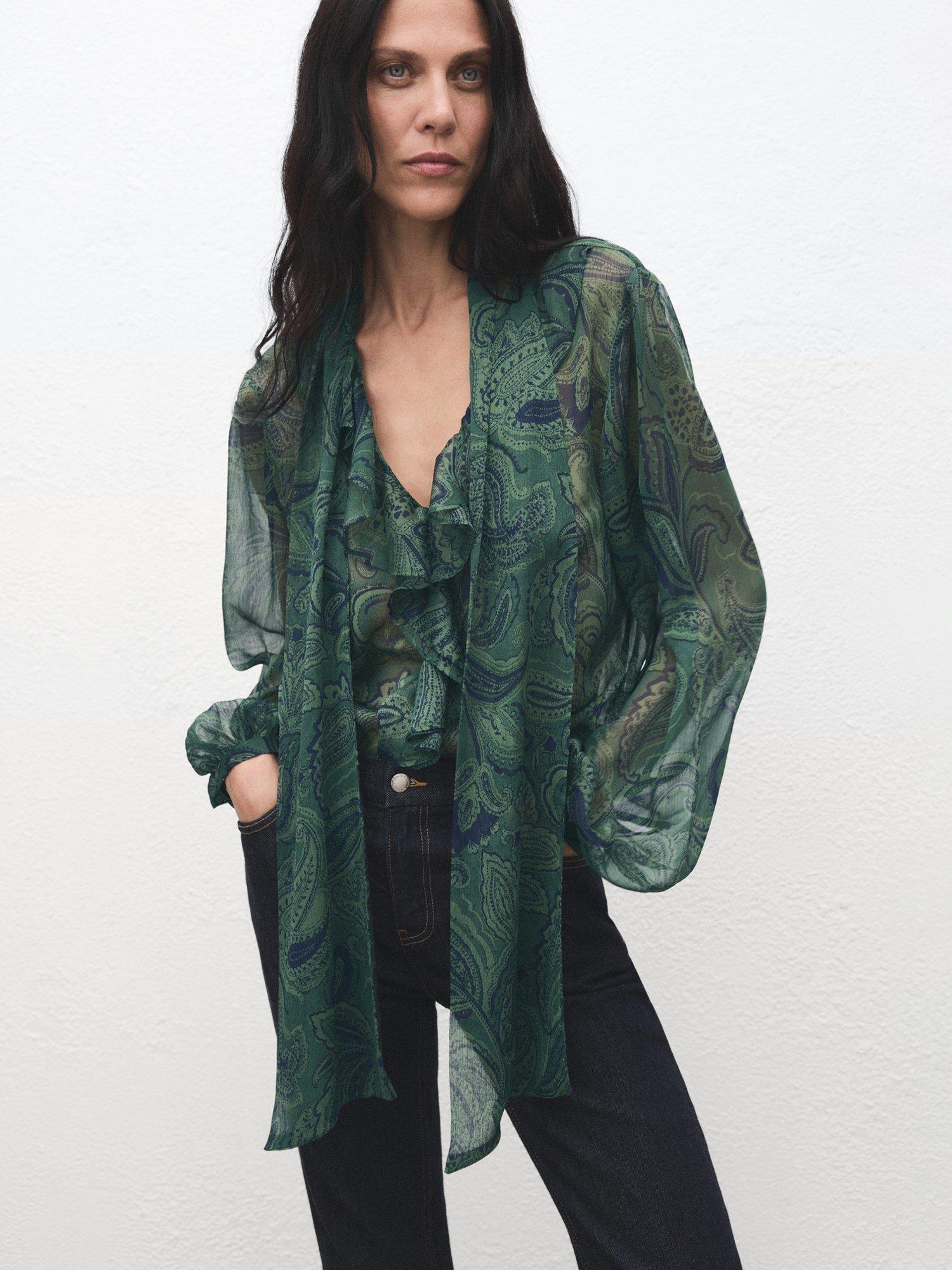 Product image 1 of 7, which shows Mango Divine V-Neck Paisley Print Blouse , Green, 6