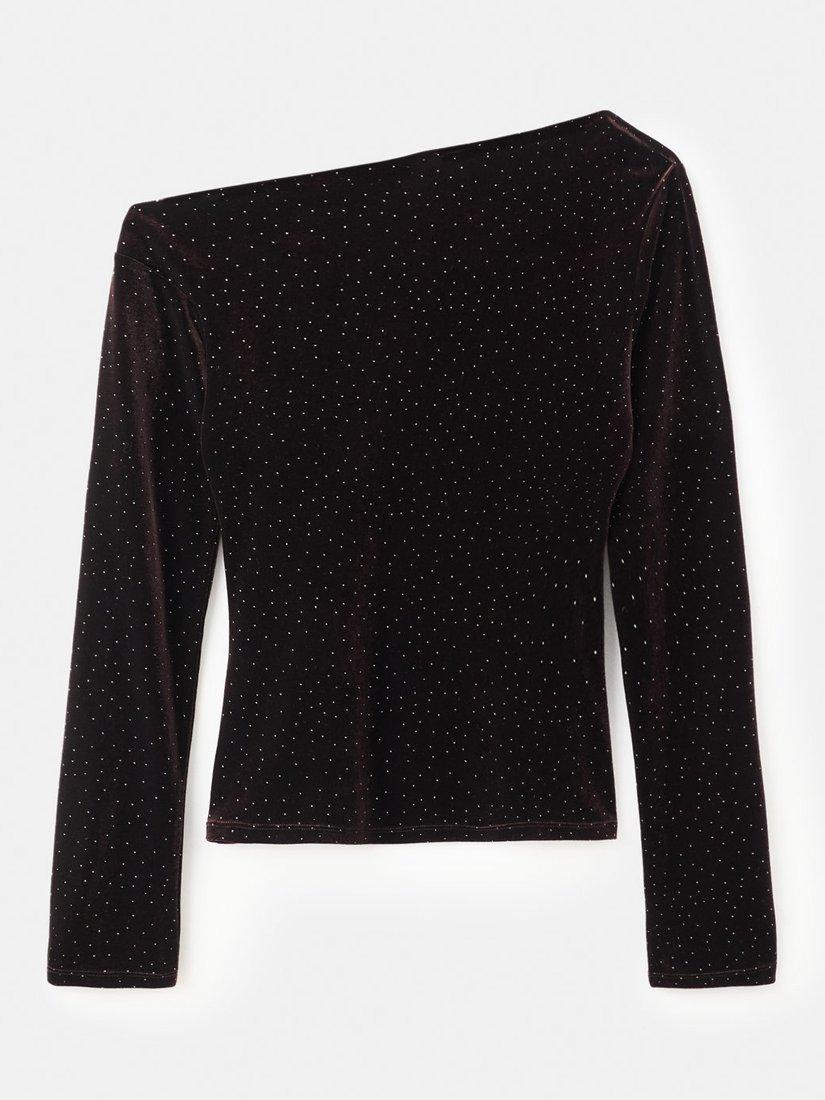 Product image 3 of 7, which shows Mango Virgo Polka Dot Long Sleeve Asymmetric Neck Top, Brown, XS