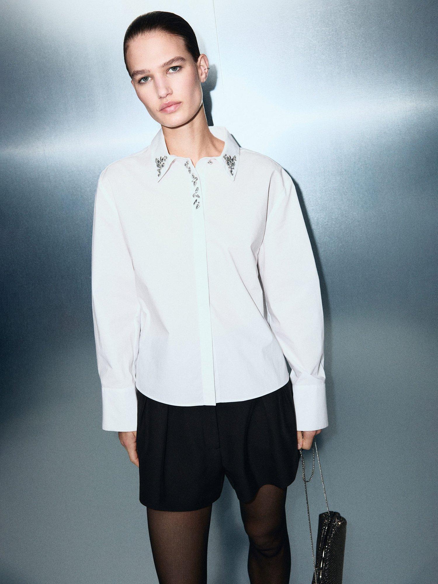 Product image 1 of 7, which shows Mango Rus Crystal Embellished Shirt, Natural White, 10