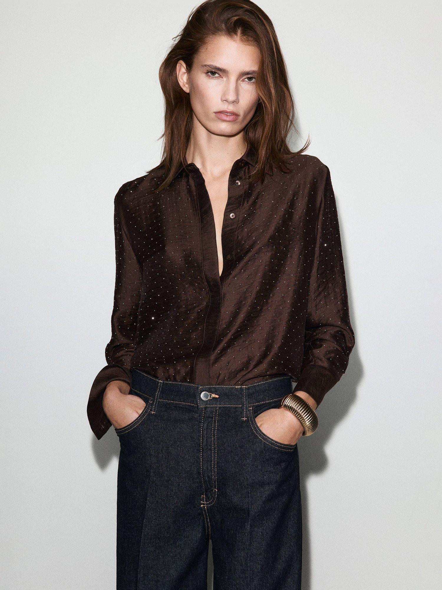 Product image 1 of 7, which shows Mango Rhinestone Satin Shirt, Brown, 6