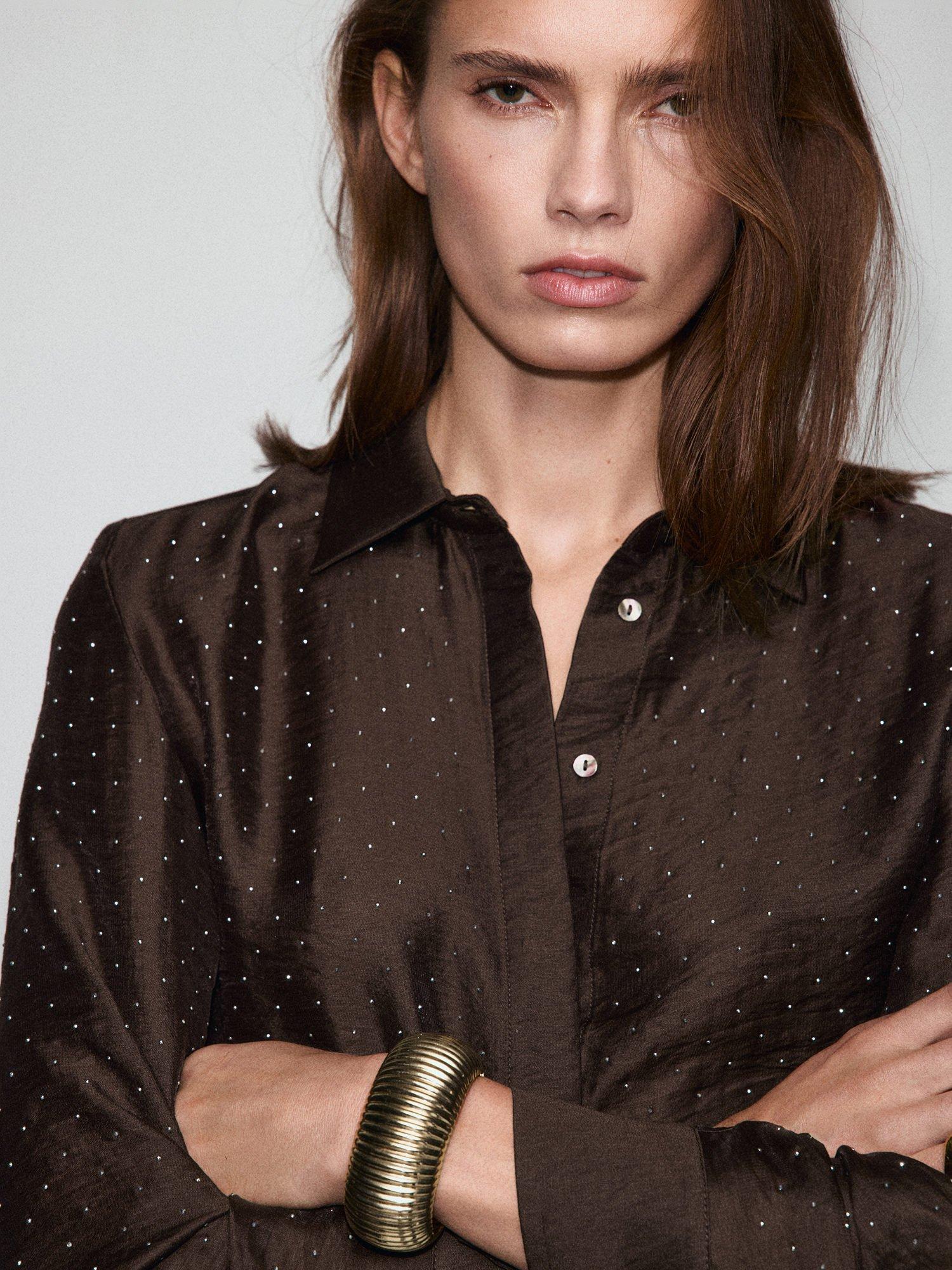 Product image 6 of 7, which shows Mango Rhinestone Satin Shirt, Brown, 6