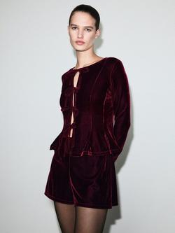 Mango Bows Velvet Blouse, Dark Red, Dark Red