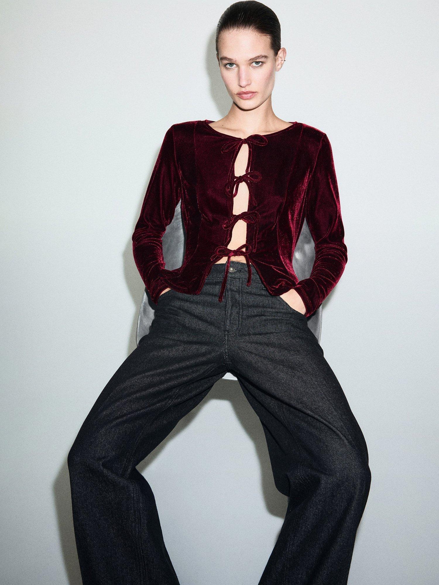 Product image 7 of 8, which shows Mango Bows Velvet Blouse, Dark Red, L