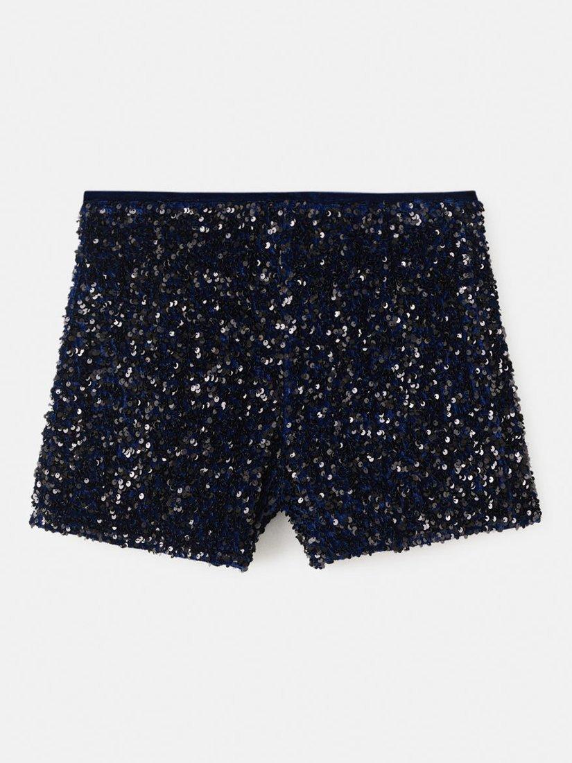 Product image 3 of 7, which shows Mango Sequin Velvet Shorts, Navy, XS