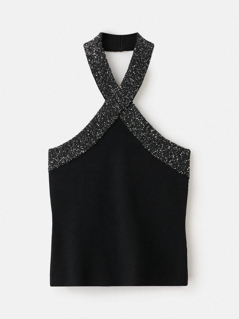 Product image 3 of 8, which shows Mango Halterneck Glitter Top, Black, L