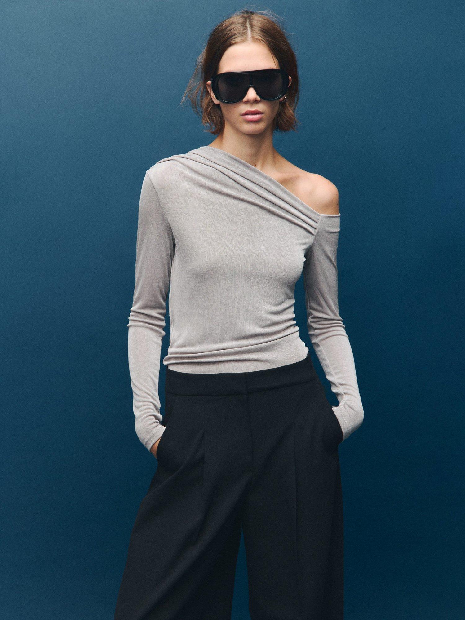 Product image 1 of 8, which shows Mango Creponi Long Sleeve Asymmetric Neck Top, Grey, L
