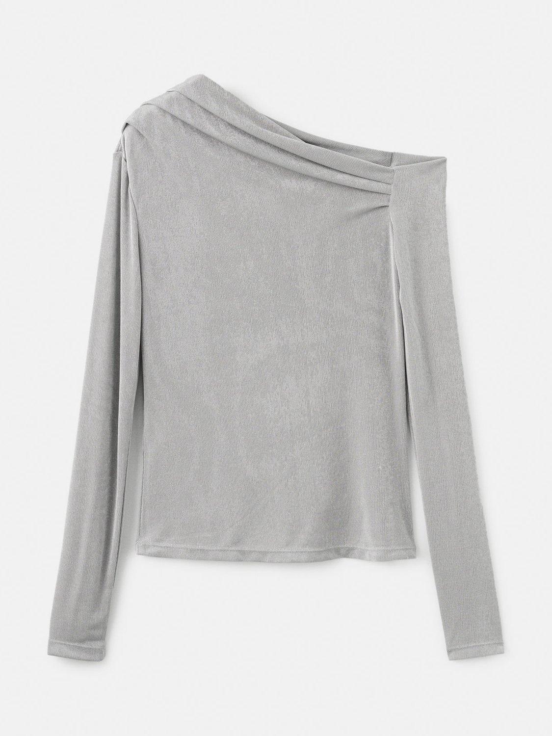 Product image 3 of 8, which shows Mango Creponi Long Sleeve Asymmetric Neck Top, Grey, L