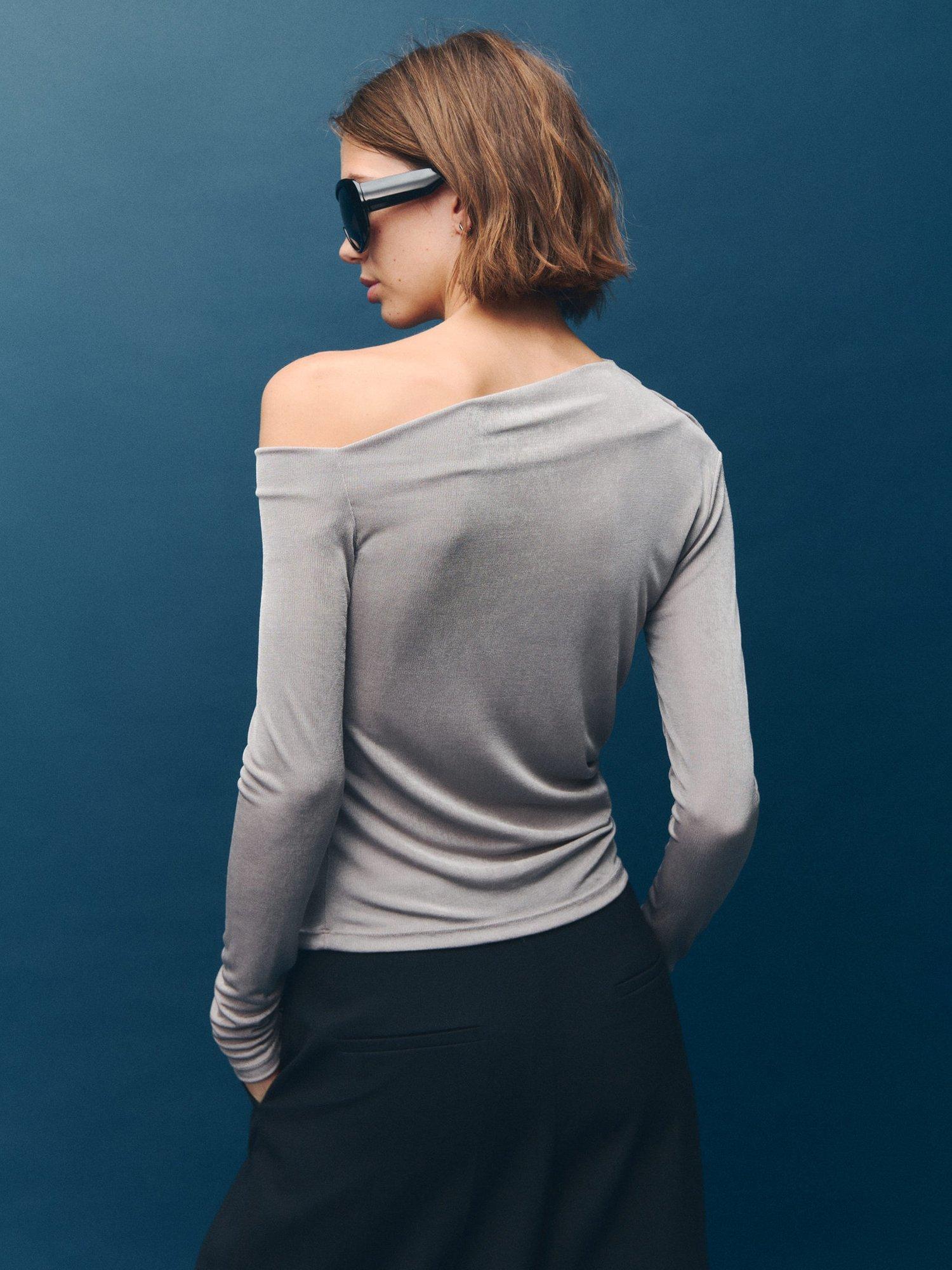 Product image 4 of 8, which shows Mango Creponi Long Sleeve Asymmetric Neck Top, Grey, L
