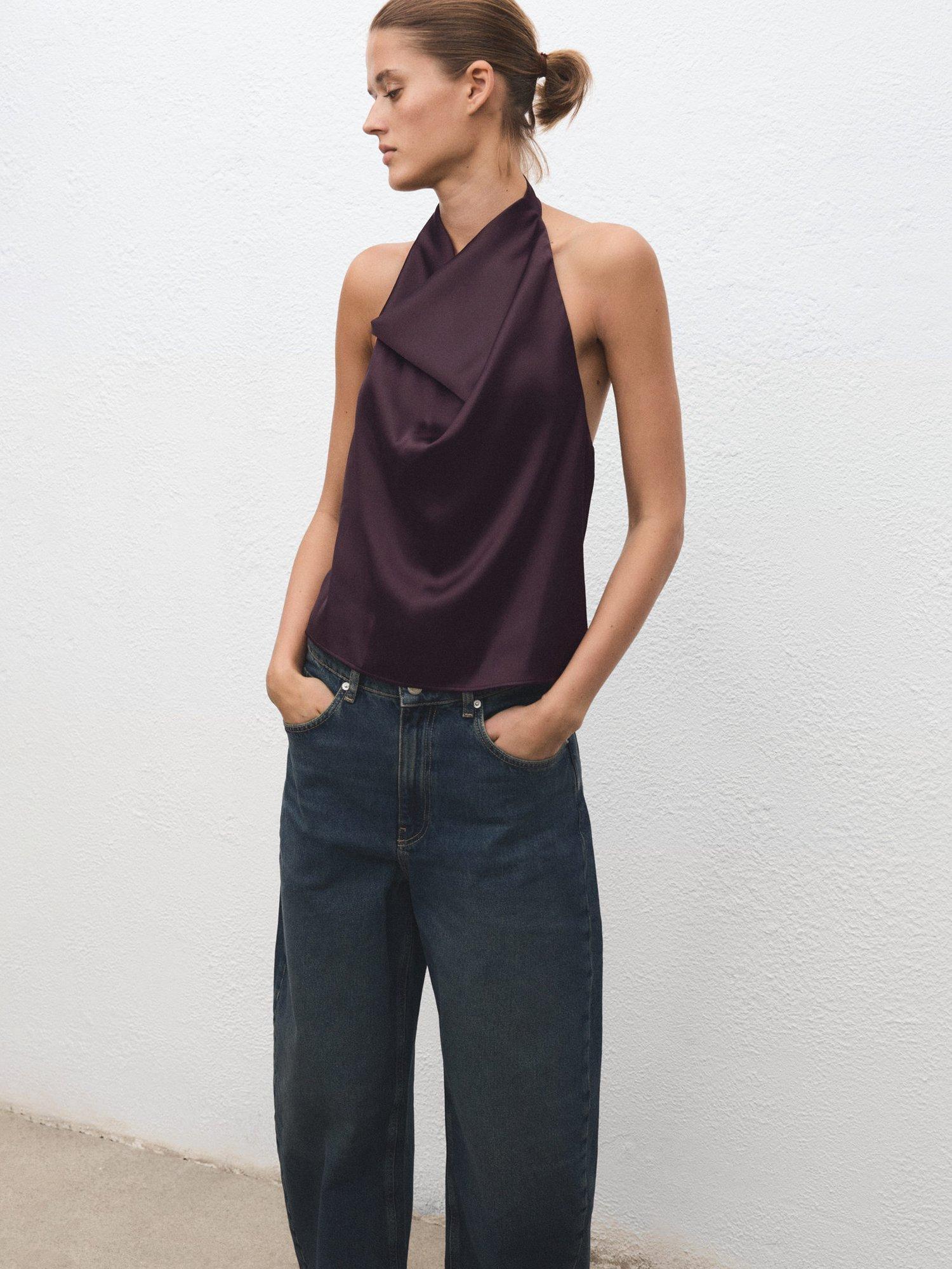 Product image 1 of 8, which shows Mango Newmia Sleeveless Halterneck Jersey Top, Dark Purple, XXS