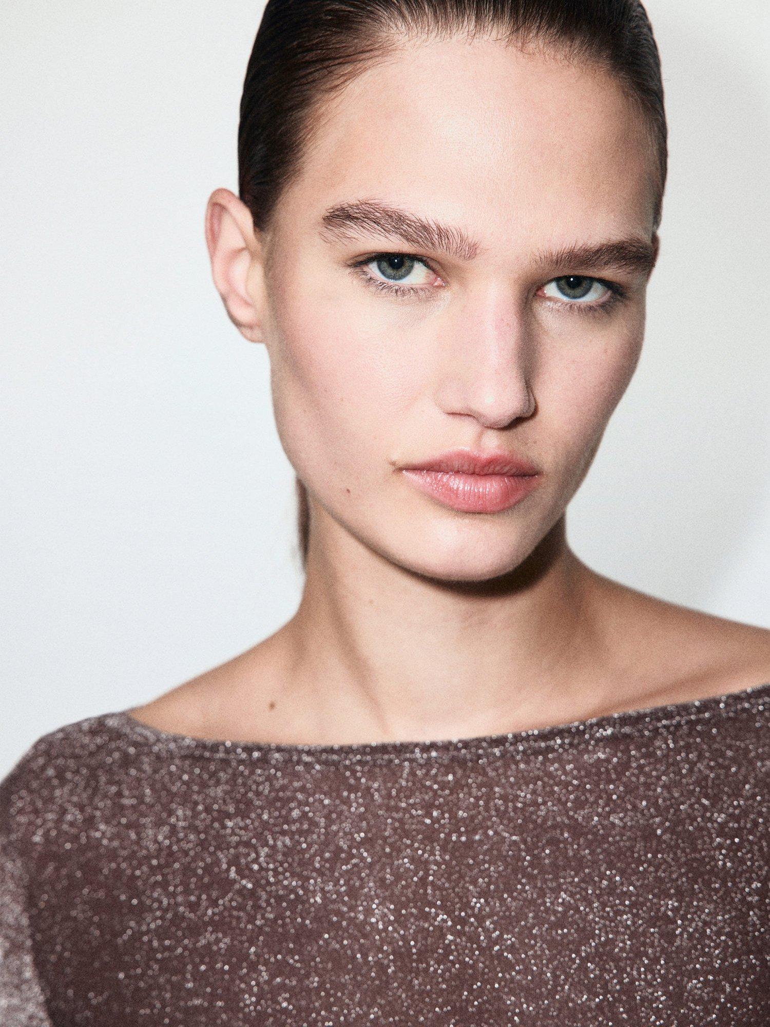 Product image 6 of 9, which shows Mango Lali Boat Neck Sparkle Top, Dark Purple, M