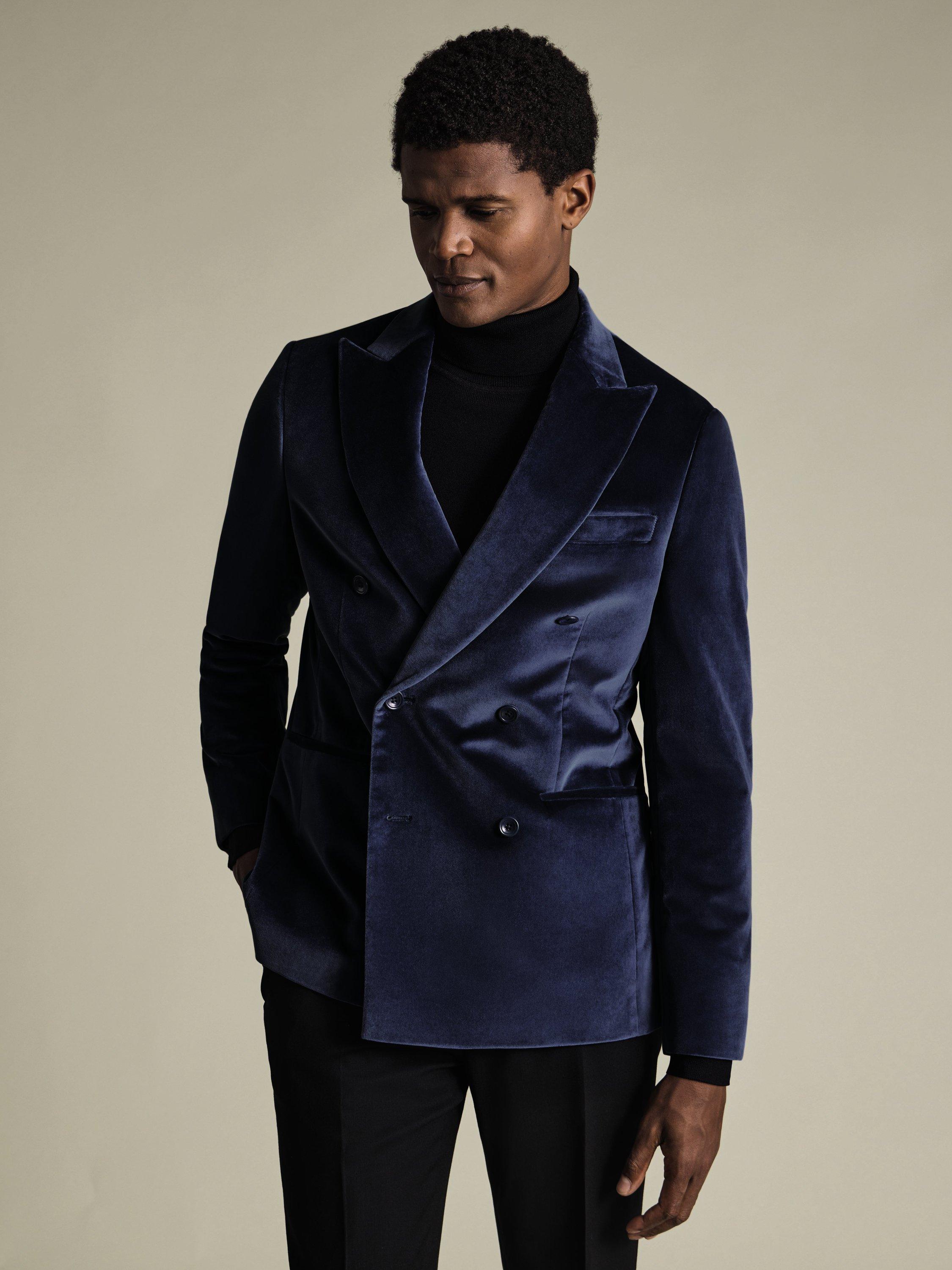 Product image 1 of 5, which shows Charles Tyrwhitt Single Breasted Velvet Blazer, Indigo Blue, 36R