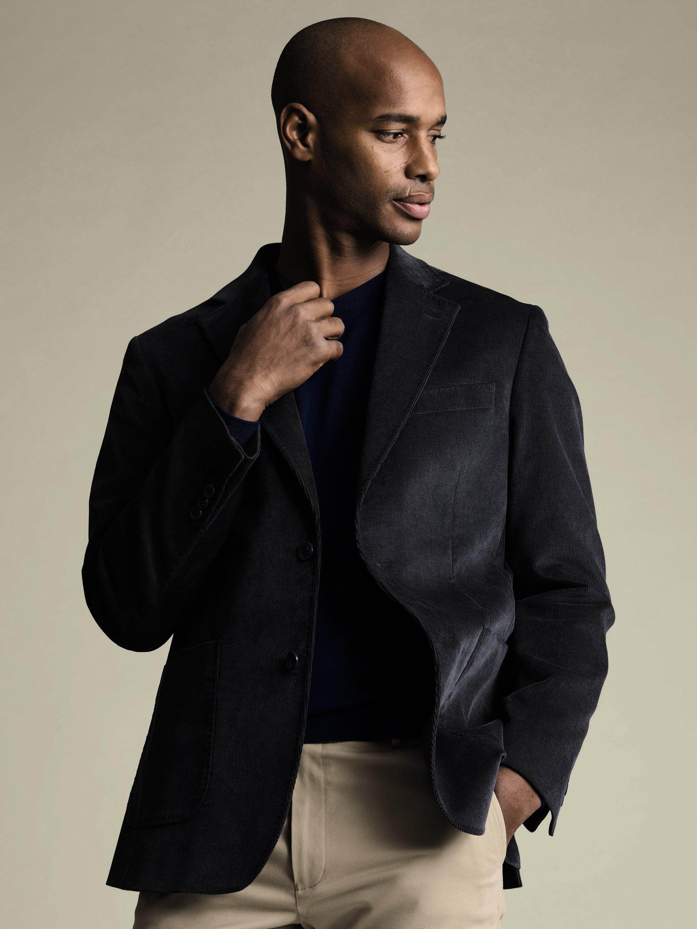 Product image 2 of 5, which shows Charles Tyrwhitt Single-Breasted Corduroy Blazer, Navy, 36R