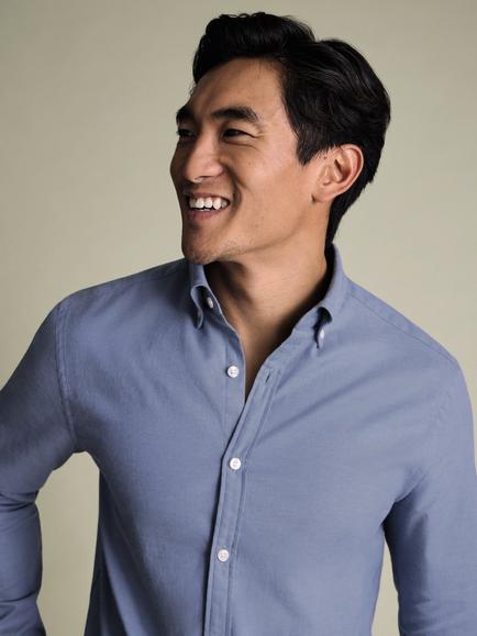 Charles Tyrwhitt Cotton Long Sleeve Collar Shirt - view 2, Denim Blue