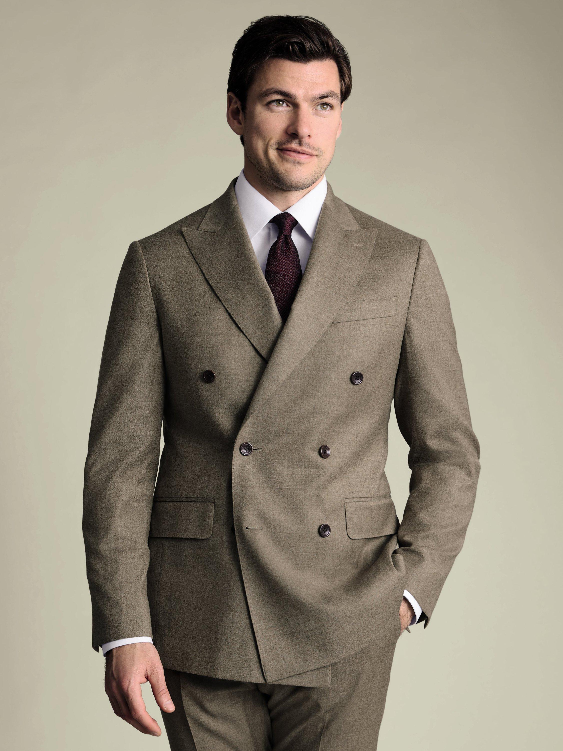 Product image 1 of 5, which shows Charles Tyrwhitt Wool-Rich Double Breasted Suit Jacket, Taupe, 36R