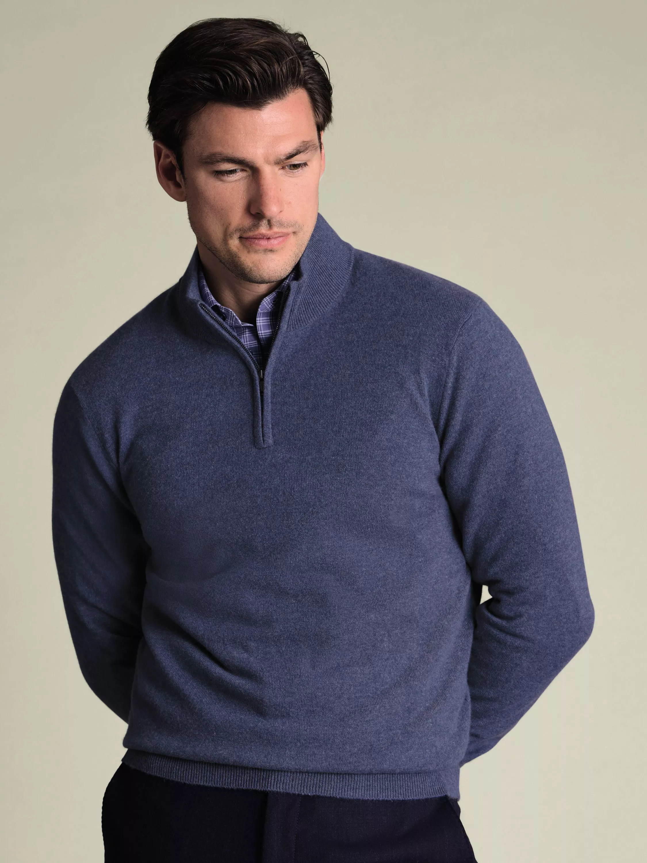Charles Tyrwhitt Cashmere Zip Neck Fleece Jumper, Denim Blue